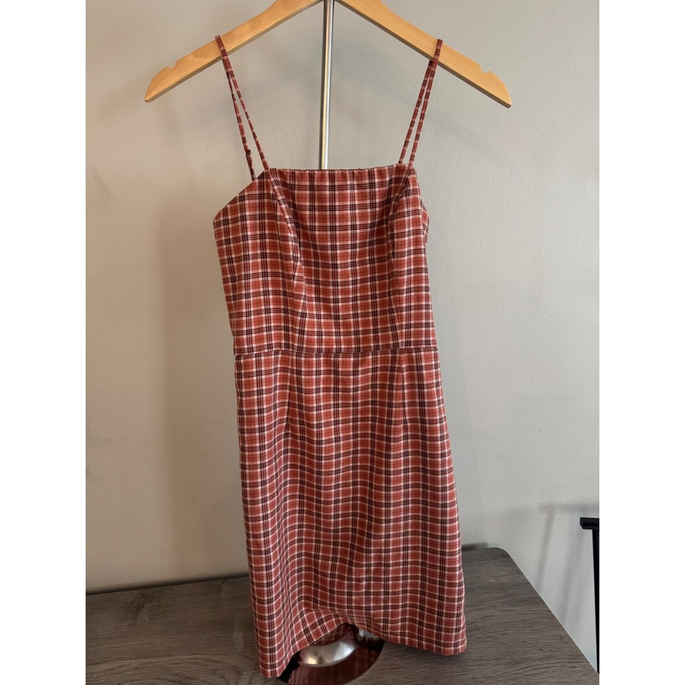 Aeropostale Womens Plaid Mini Dress Rust Brown Smocked Back Spaghetti Strap S